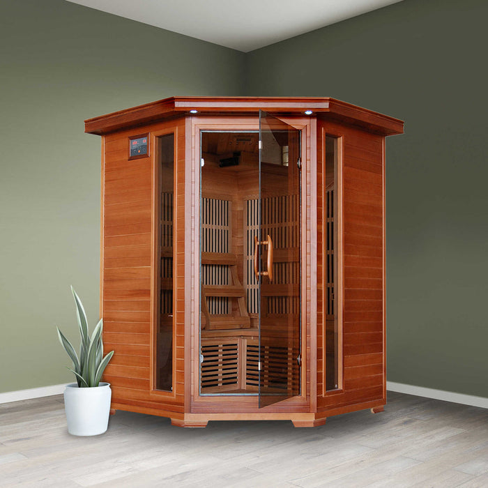 Hudson Bay 3 Person Cedar Corner Infrared Sauna with 7 Carbon Heaters