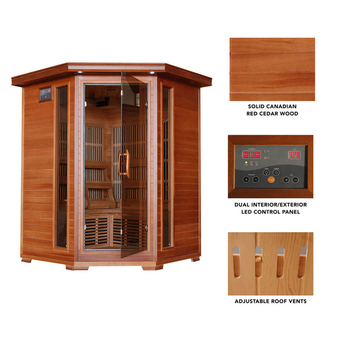 Hudson Bay 3 Person Cedar Corner Infrared Sauna with 7 Carbon Heaters