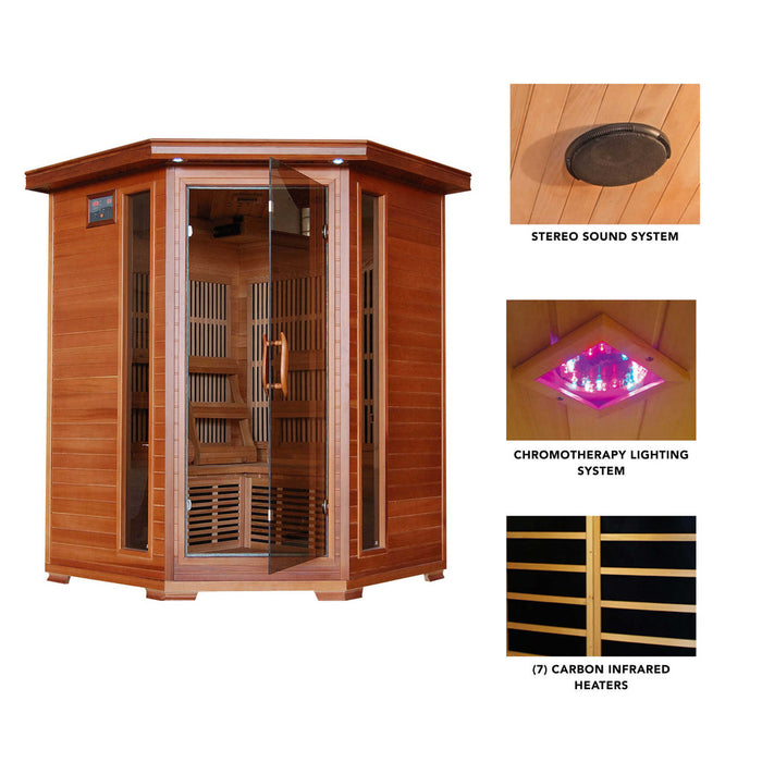 Hudson Bay 3 Person Cedar Corner Infrared Sauna with 7 Carbon Heaters