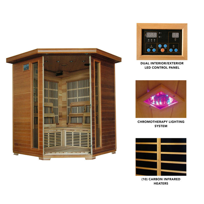 Whistler 4-Person Cedar Corner Infrared Sauna with 10 Carbon Heaters