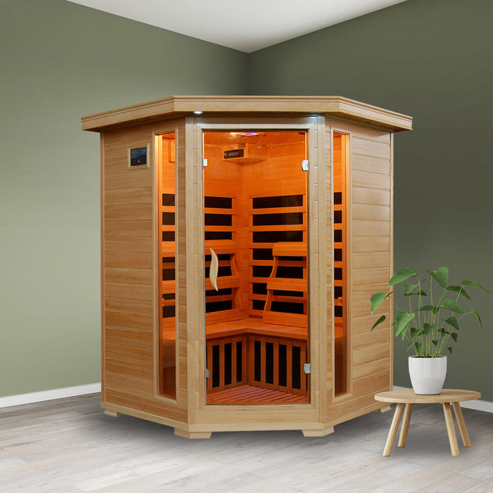 Sante Fe 3 Person Hemlock Carbon Corner Infared Sauna with 7 Carbon Heaters