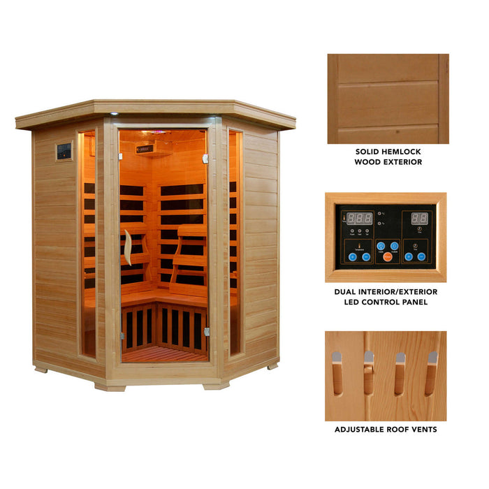 Sante Fe 3 Person Hemlock Carbon Corner Infared Sauna with 7 Carbon Heaters