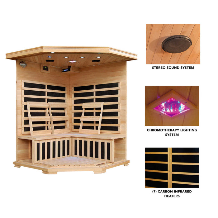 Sante Fe 3 Person Hemlock Carbon Corner Infared Sauna with 7 Carbon Heaters