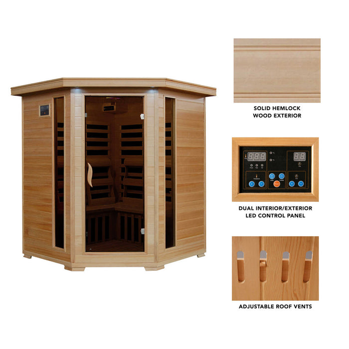 Tucson 4 Person Hemlock Carbon Corner Infared Sauna with 10 Heaters